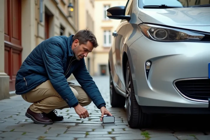 Homme installant un traceur GPS Rabbit Finder sous une voiture dans une rue pavée à Lyon