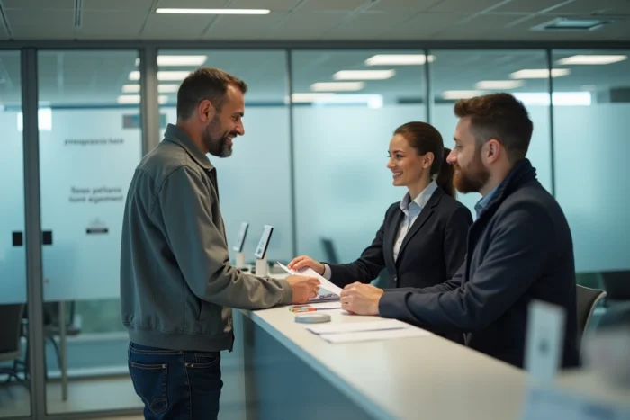 Homme déposant ses documents à la préfecture pour obtenir des informations sur son permis de conduire perdu