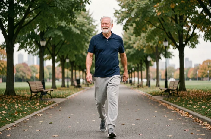 Homme senior de 70 ans marchant activement dans un parc en automne, symbolisant l'exercice physique pour préserver la santé cardiaque