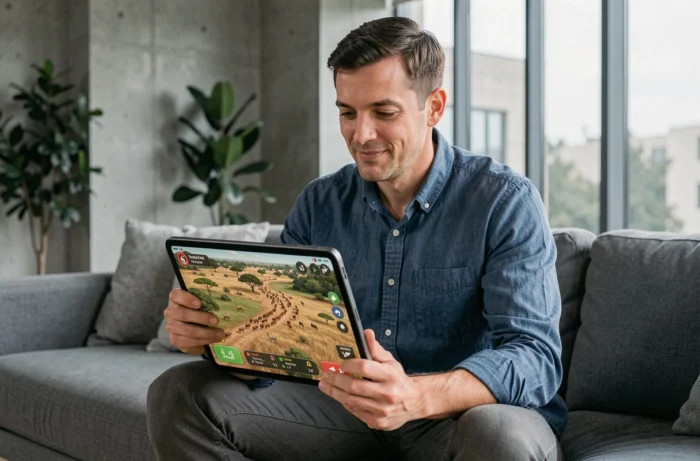 Homme adulte jouant à un simulateur de gestion d'écosystème sur tablette dans un salon moderne avec plantes d'intérieur