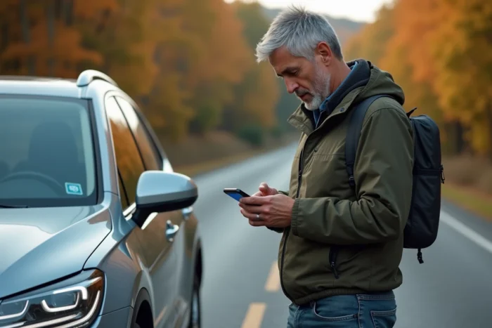 Homme debout près de son SUV sur le bord de la route en train de partager sa position GPS via l'application Michelin