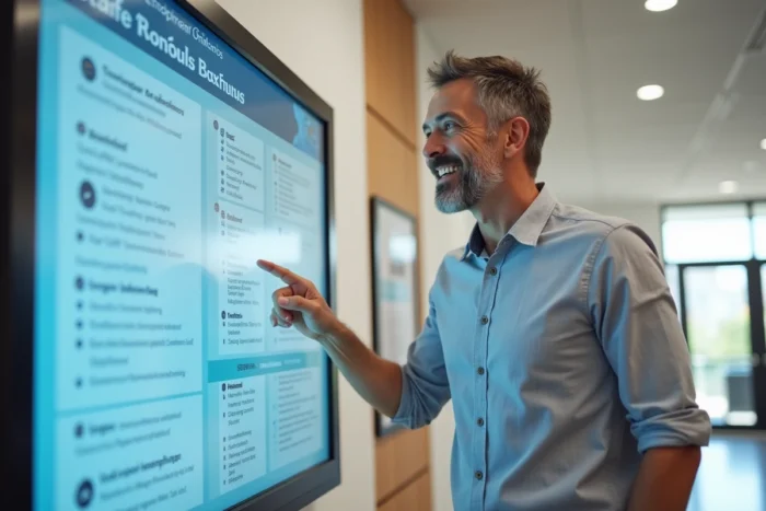 Homme en chemise grise consultant un tableau de ressources de formation dans un espace emploi professionnel
