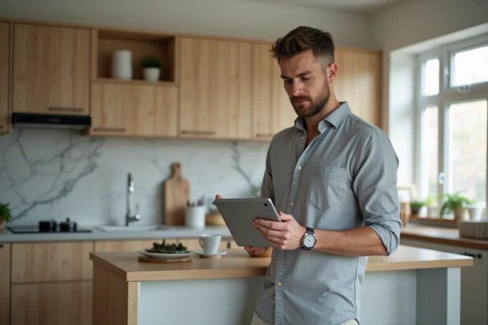 Homme utilisant une tablette pour accéder à un coffre-fort en ligne sécurisé depuis sa cuisine