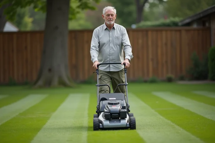 Homme utilisant la tondeuse Bosch AdvancedRotak 770 pour tondre une grande pelouse dans un jardin