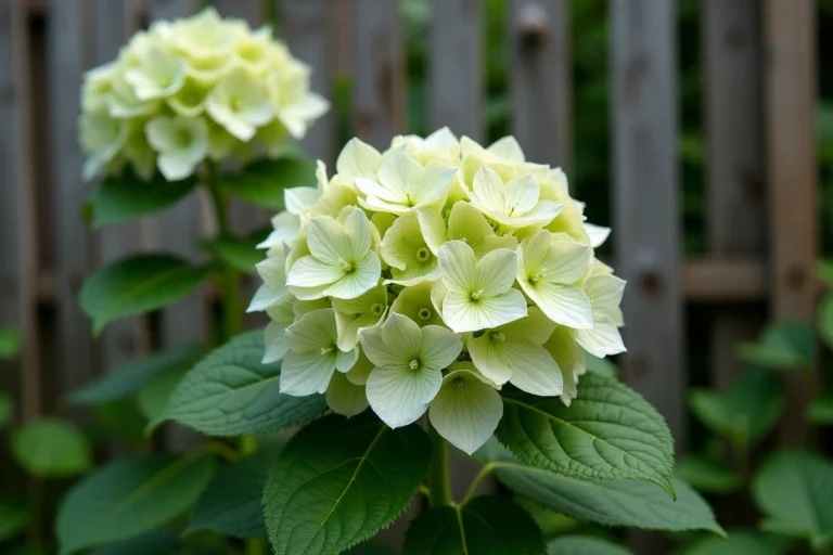 Hortensia aux fleurs vertes dans un jardin résidentiel, montrant une décoloration inhabituelle des pompons floraux