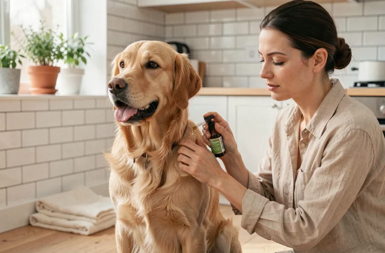 Femme appliquant une huile essentielle diluée sur le pelage de son golden retriever pour soulager les démangeaisons