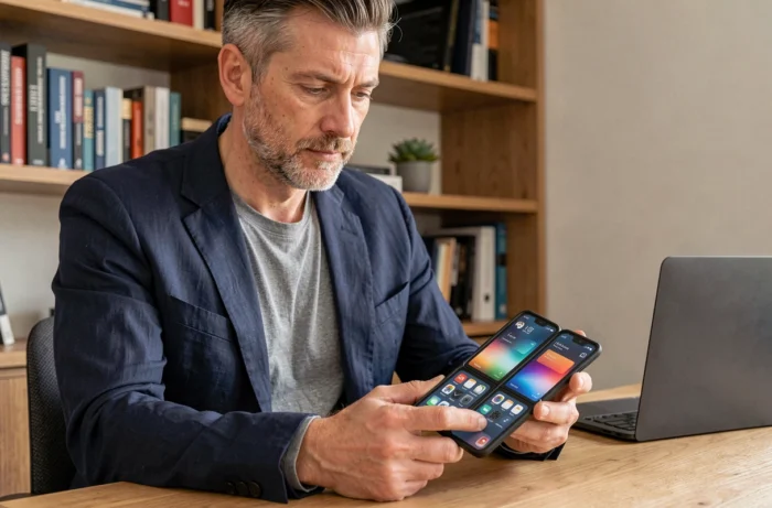 Homme examinant un smartphone pliable de nouvelle génération dans un bureau à domicile chaleureux