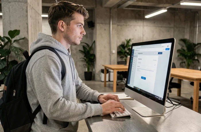 Étudiant masculin effectuant son inscription sur la plateforme HR4You Auchan dans un espace de coworking moderne