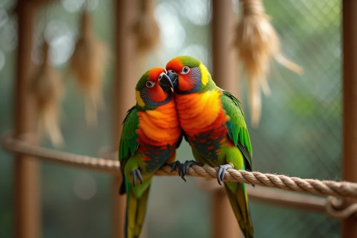 Deux inséparables se faisant la toilette mutuellement sur un perchoir, comportement social révélateur du bonheur chez les oiseaux