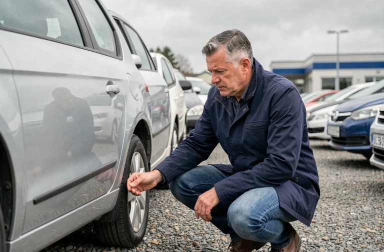 Un homme d'une quarantaine d'années inspecte attentivement la carrosserie d'une voiture d'occasion dans un parking de concessionnaire