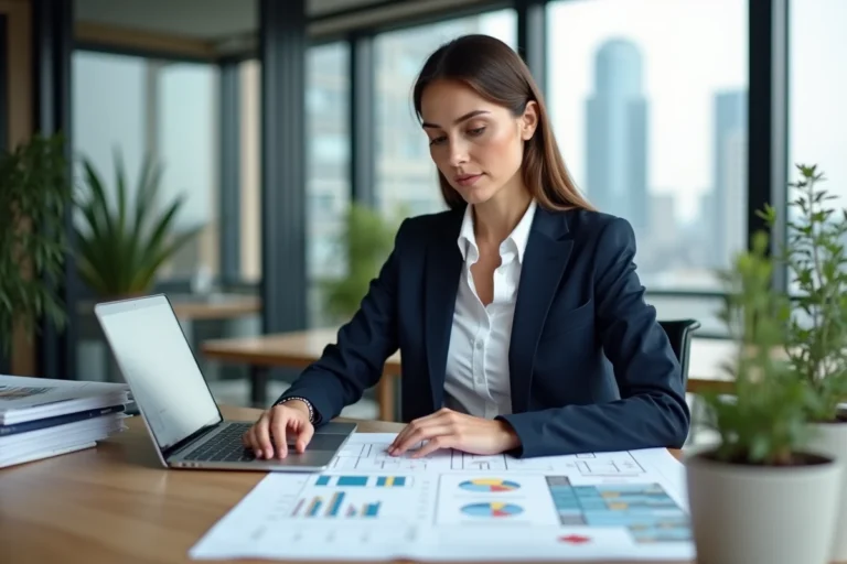 Investisseuse immobilière analysant des plans et graphiques dans un bureau moderne avec vue sur la ville