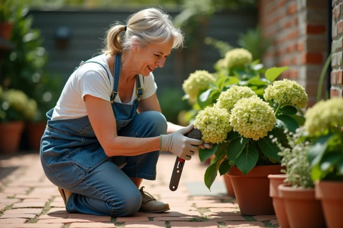 Jardinière examinant un hortensia aux fleurs vertes dans son jardin, cherchant la cause de la décoloration