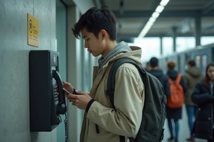Jeune voyageur devant un téléphone public en gare cherchant à passer un appel en PCV