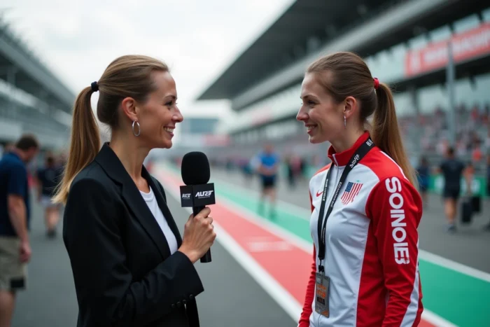 Journaliste sportive interviewant un athlète dans la zone mixte lors d'un grand meeting d'athlétisme