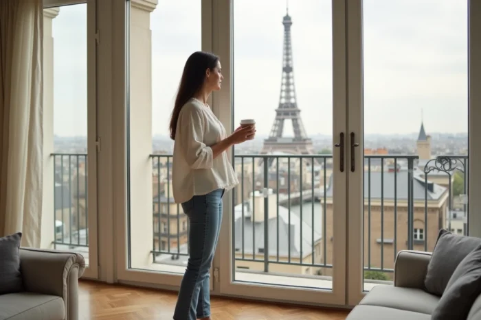 Femme dans un appartement parisien moderne avec vue sur la Tour Eiffel en location courte durée