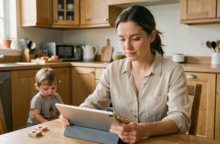 Mère attentive consultant une application de coaching parental sur tablette dans une cuisine familiale naturelle