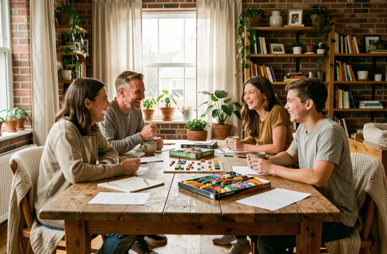 Une famille multigénérationnelle rassemblée autour d'une grande table en bois, partageant des jeux et des activités créatives dans un salon chaleureux