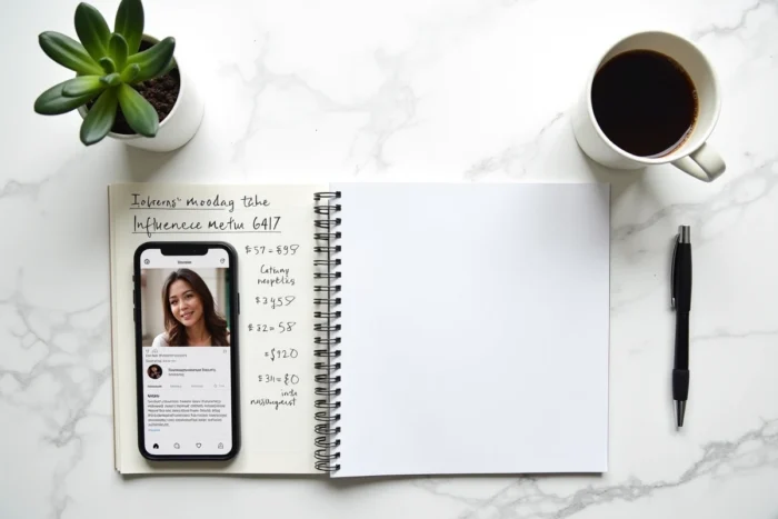 Vue aérienne d'un bureau avec smartphone affichant des métriques Instagram, carnet de notes et calculs de monétisation pour un compte à 100 000 abonnés