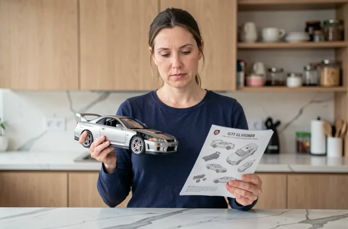 Femme tenant une maquette Nissan Skyline GT-R et une notice de montage dans une cuisine moderne