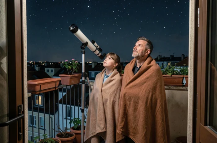 Un père et ses deux enfants enveloppés dans des couvertures sur leur balcon la nuit, observant le ciel étoilé à travers un télescope