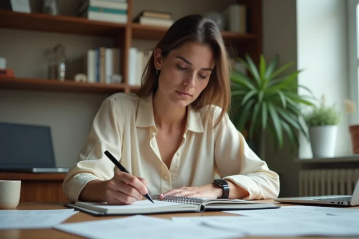 Femme écrivant dans un carnet pour vérifier l'orthographe correcte d'un mot en français