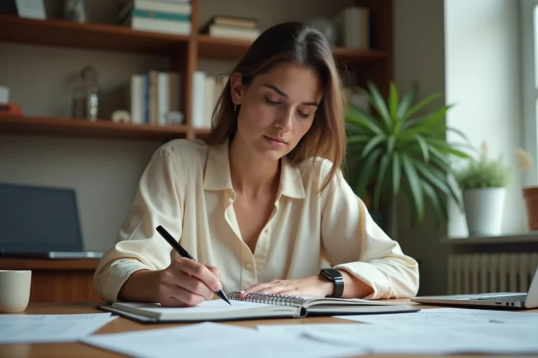 Femme écrivant dans un carnet pour vérifier l'orthographe correcte d'un mot en français
