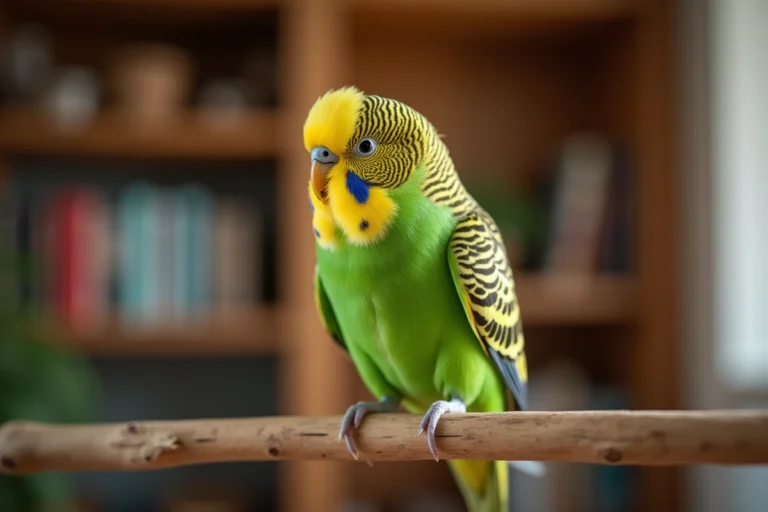 Perruche verte perchée sur une branche en bois, plumes ébouriffées et bec entrouvert, signe de bien-être et de bonheur chez l'oiseau