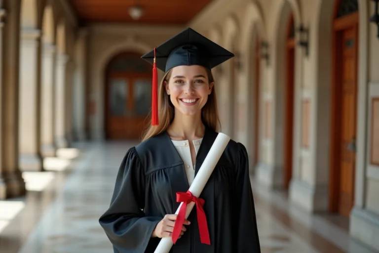 Jeune femme diplômée en toge noire tenant son diplôme officiel dans un couloir universitaire classique