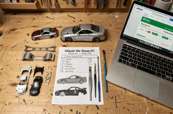 Vue aérienne d'un établi avec les pièces de la maquette Nissan Skyline GT-R, des outils et un ordinateur affichant le compte Altaya