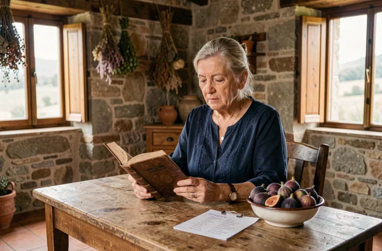 Grand-mère italienne tenant une Bible ancienne avec une liste de prénoms italiens bibliques dans une cuisine toscane rustique