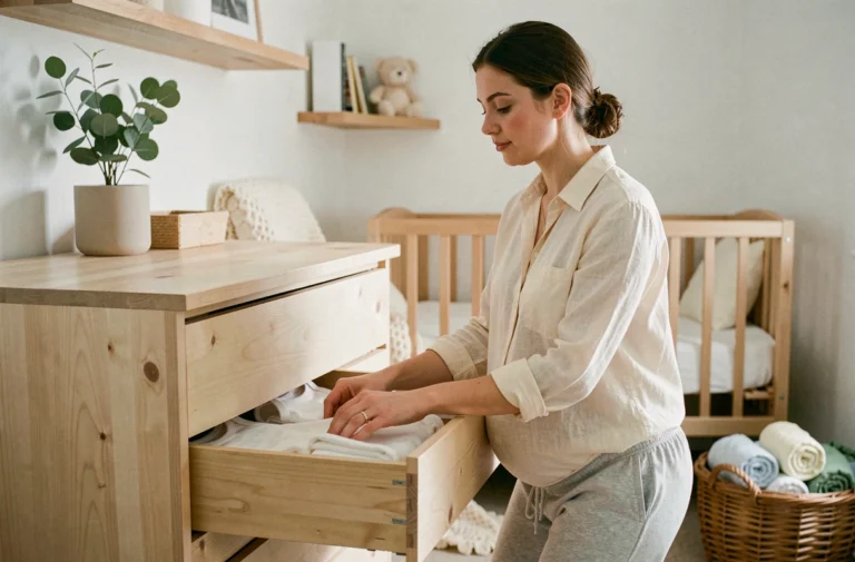Jeune femme enceinte qui range des vêtements de bébé dans une commode en bois clair dans une chambre de bébé décorée avec soin