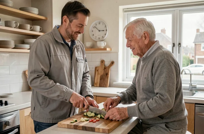 Professionnel de l'aide à domicile préparant un repas pour une personne âgée dans une cuisine, service ADMR 2026