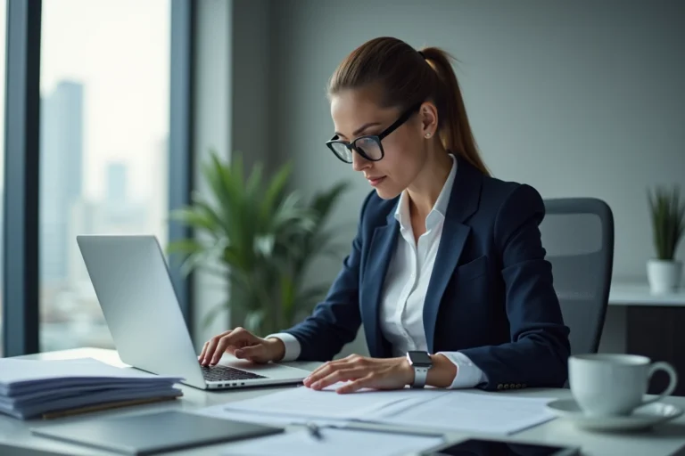 Professionnelle consultant des documents sur le fonctionnement d'Opraz dans un bureau moderne