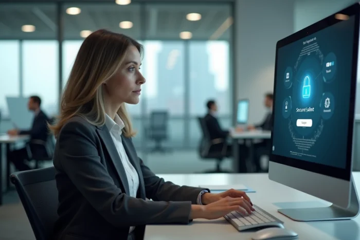 Professionnelle en bureau connectée à la plateforme Arkevia coffre-fort numérique sur ordinateur de bureau
