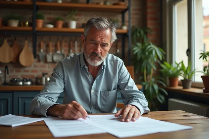Propriétaire examinant un contrat de location non déclaré à une table de cuisine dans un appartement français