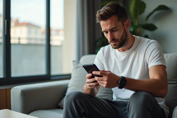 Jeune homme recherchant la date de délivrance de son permis de conduire sur un site gouvernemental depuis son smartphone