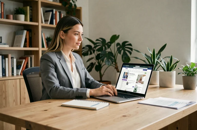 Jeune femme professionnelle cherchant un emploi en ligne sur son ordinateur portable dans un bureau à domicile moderne