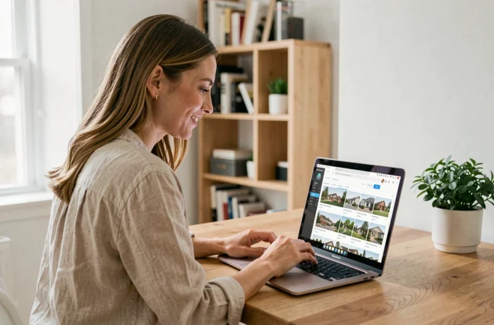 Femme cherchant un logement sur une plateforme immobilière en ligne depuis son bureau à domicile
