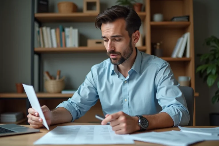 Homme consultant des documents de remboursement anticipé de crédit à son bureau à domicile