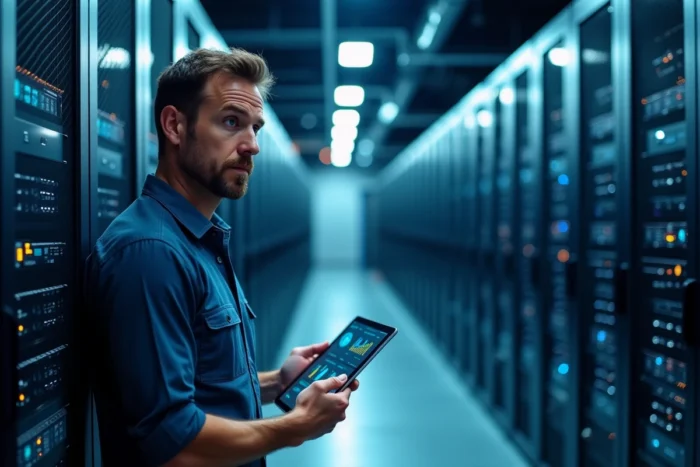 Responsable informatique consultant un tableau de bord de migration cloud dans une salle de serveurs d'entreprise