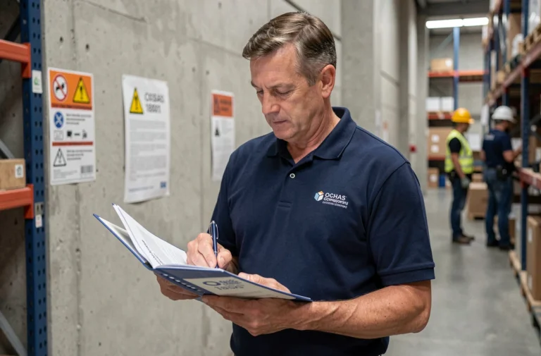 Responsable sécurité en entrepôt industriel consultant un dossier de certification OHSAS 18001
