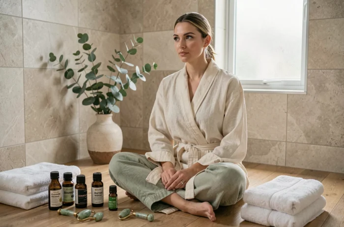 Femme en peignoir prenant soin d'elle avec des huiles essentielles et des accessoires de beauté naturels dans une salle de bain minimaliste