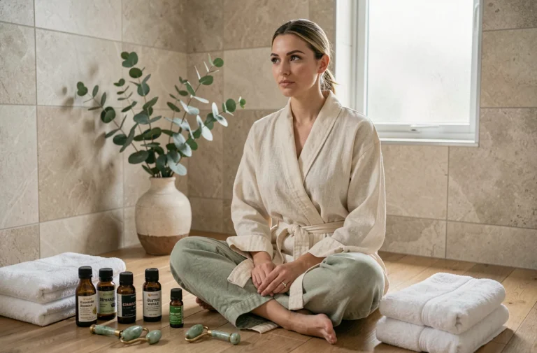 Femme en peignoir prenant soin d'elle avec des huiles essentielles et des accessoires de beauté naturels dans une salle de bain minimaliste