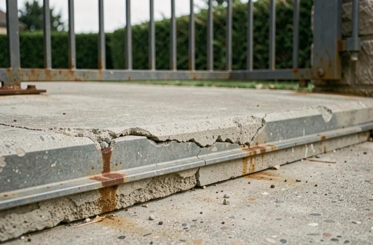 Seuil de portail en béton fissuré et abîmé à l'entrée d'une allée résidentielle, vue en contre-plongée au ras du sol