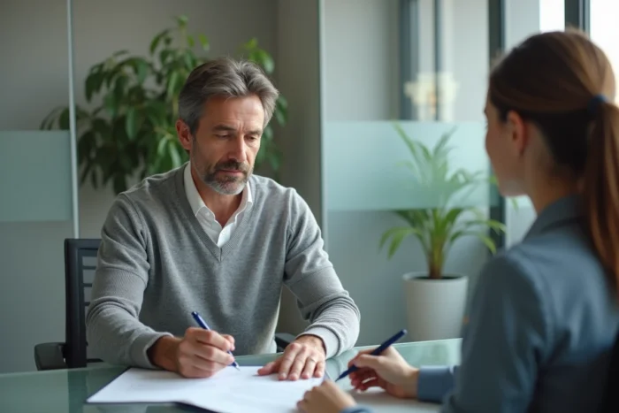 Homme signant un contrat de prêt immobilier face à un conseiller bancaire dans un bureau moderne, symbolisant la finalisation d'un projet immobilier