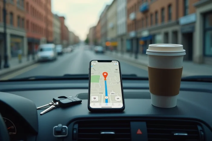 Gros plan d'un smartphone affichant une carte de navigation Michelin posé sur le tableau de bord d'une voiture avec des clés et un café
