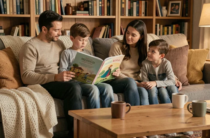 Une famille réunie dans le salon pour une soirée de lecture à voix haute en relais, un enfant tenant un livre illustré pendant que les autres écoutent attentivement