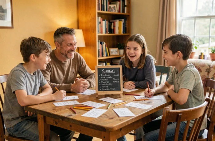 Une famille jouant à un quiz thématique autour d'une table avec des cartes écrites à la main, sans aucun écran visible