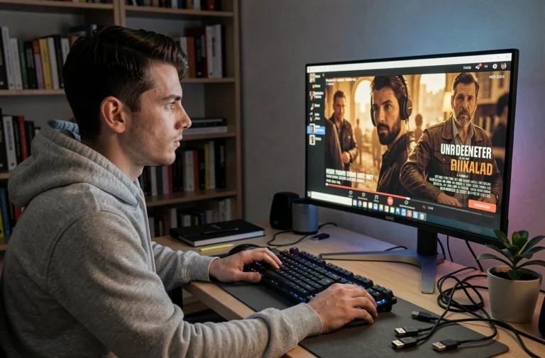 Jeune homme regardant un film en streaming HDTS sur un grand écran d'ordinateur dans un bureau à domicile moderne