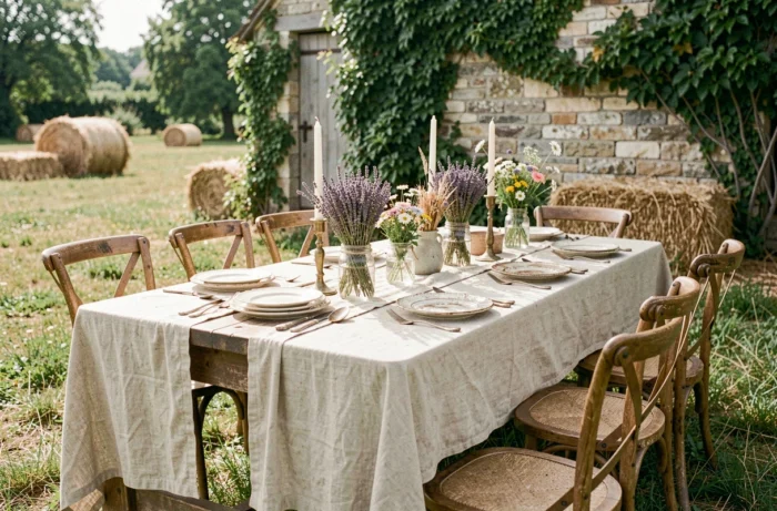 Table de mariage champêtre en plein air avec vaisselle vintage, fleurs sauvages et décoration rustique en lin sur fond de grange en pierre